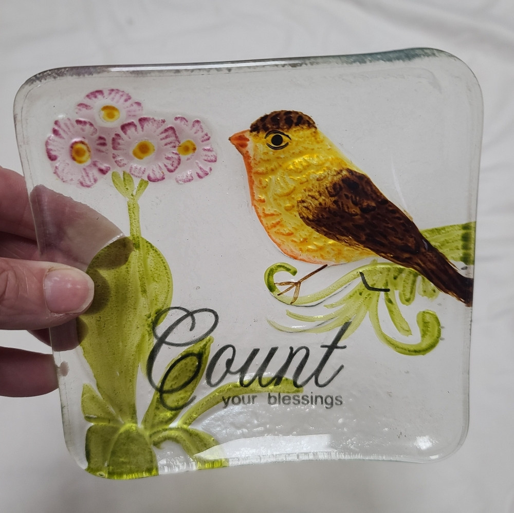 Decorative Glass Trinket Bowl Platter with Bird and Flowers, Count Your Blessing - Picture 2 of 5